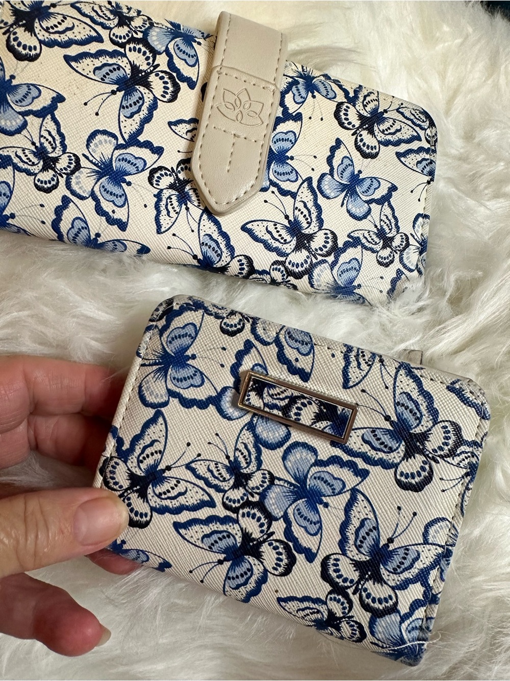 Cream 2 piece Blue Butterfly Print Wallet Set - Picture 2 of 10